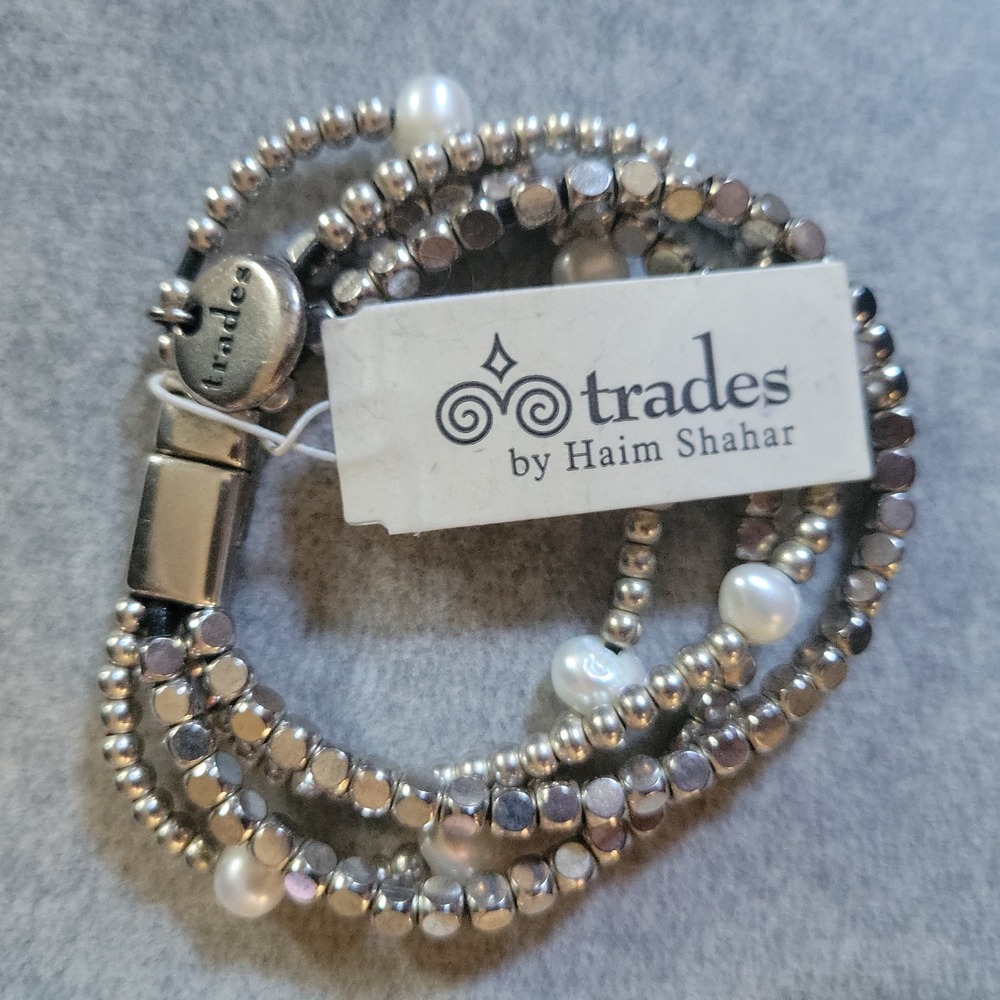 Trades by Haim Shahar Multi Strand Pearl Silver Bead Bracelet Size 7.5 Pearlcore